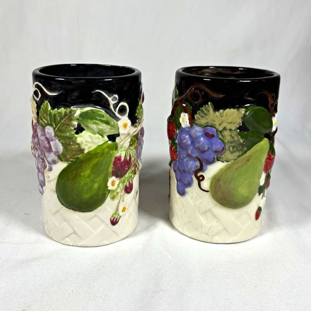 Set of 2 Ceramic Fruit Pattern Coffee Mugs, Glossy Decorated, Signed